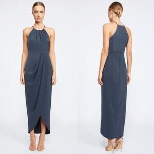 Shona Joy Dress Annalise Halter Draped Bridesmaids Wedding Elegant Gray Size 10